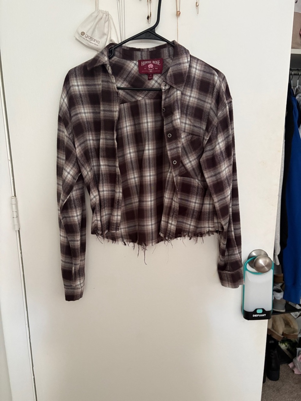 Hippie Rose Brown and White Plaid Cropped distressed Button-Up Jacket